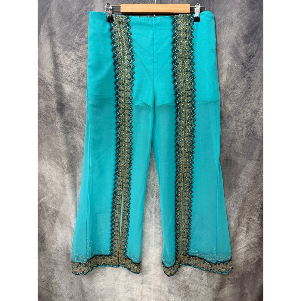 Ranee's Turquoise Embroidered Wide Leg Sheer Pants Teal Gold Sequin Medium